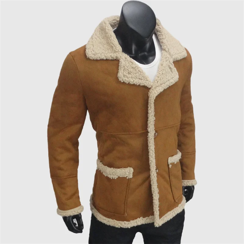 Winter Man's Jackets Thick Warm Lapel Fleece Jackets Man Lambswool Lined Fleece Faux Fur Wool Liner Biker Outerwears Male Cloth