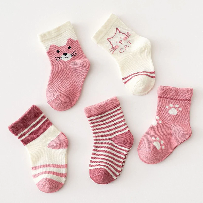 5Pairs/Set Cartoon Baby Girl Socks Cute Cat Striped Print Toddler Mid Tube Socks Autumn Winter Warm Cotton Kids Socks