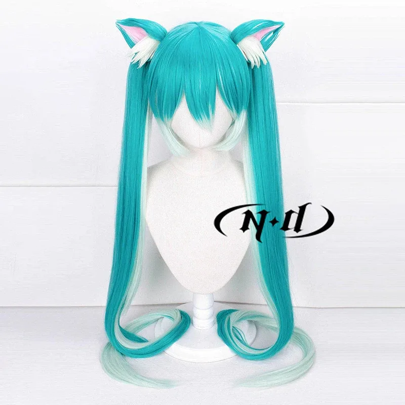 DY2025ND Hatsune Miku Pelucas de cosplay V Singer Cosplay Aqua Green Pelucas de pelo de cola de caballo doble con orejas para Comic Con Coser Navidad P