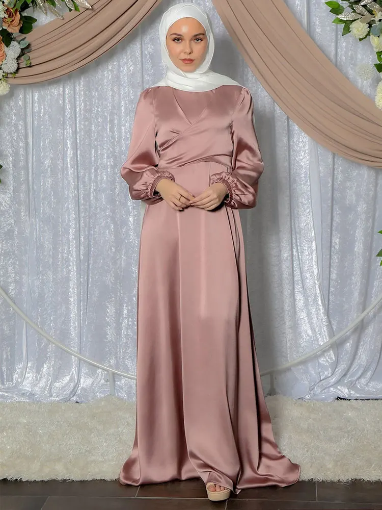 Vestido largo musulmán de satén Abaya para mujer, elegante Hijab envolvente frontal con cinturón, vestidos modestos para fiesta árabe Islam Turquía