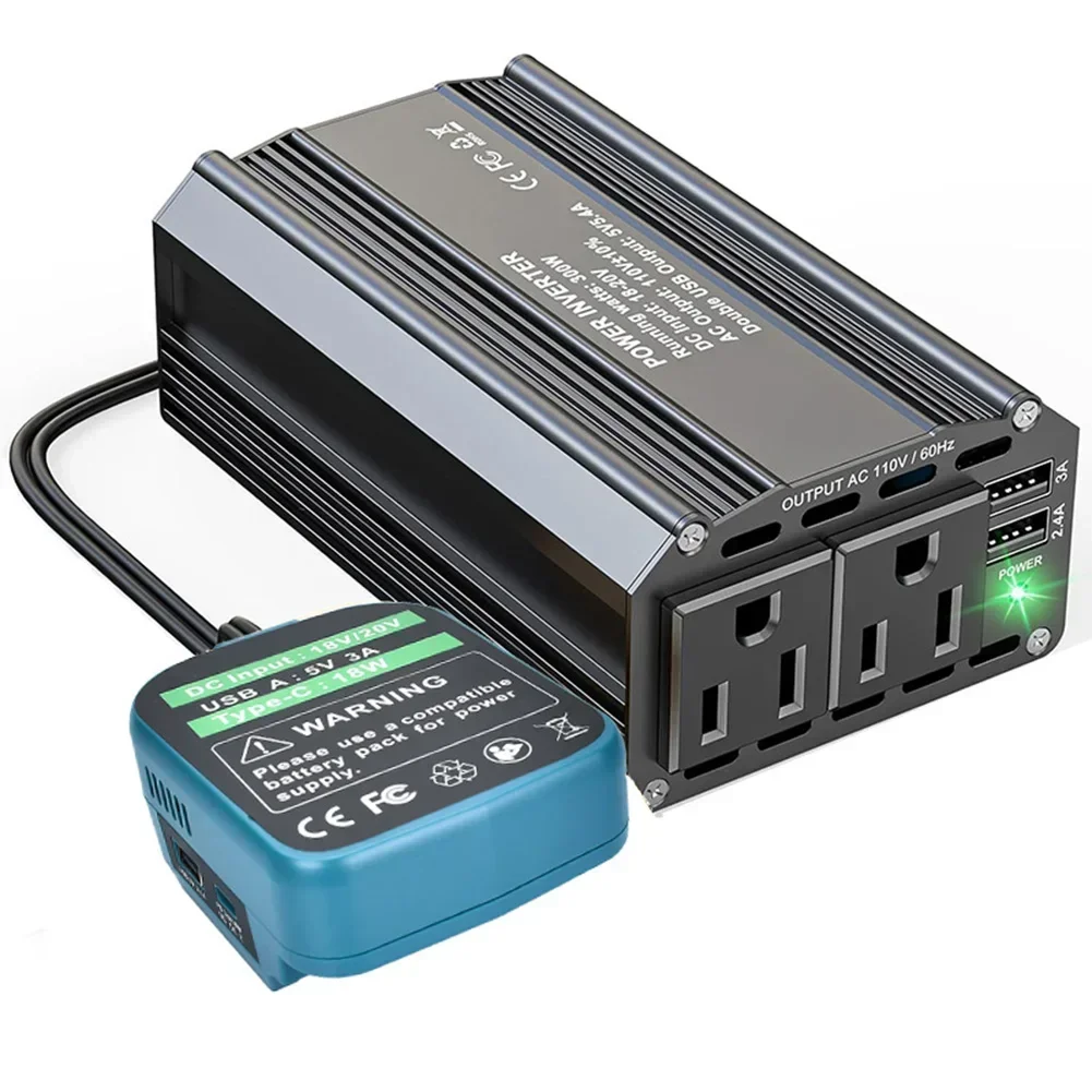 Compact 300W 18V to 110V Inverter with Dual USB and AC Outlets for 20V Battery For Powered Tools and Electronics