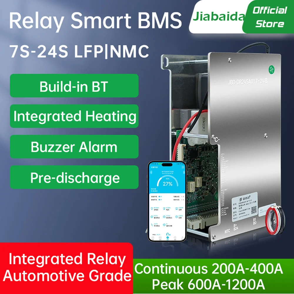 JiaBaiDa 200A 400A Large Current 7S 8S 24V 13S 14S 36V 15S 16S 48V 19S 20S 60V LFP NMC Smart BMS with Relay BT 485 CAN Heating