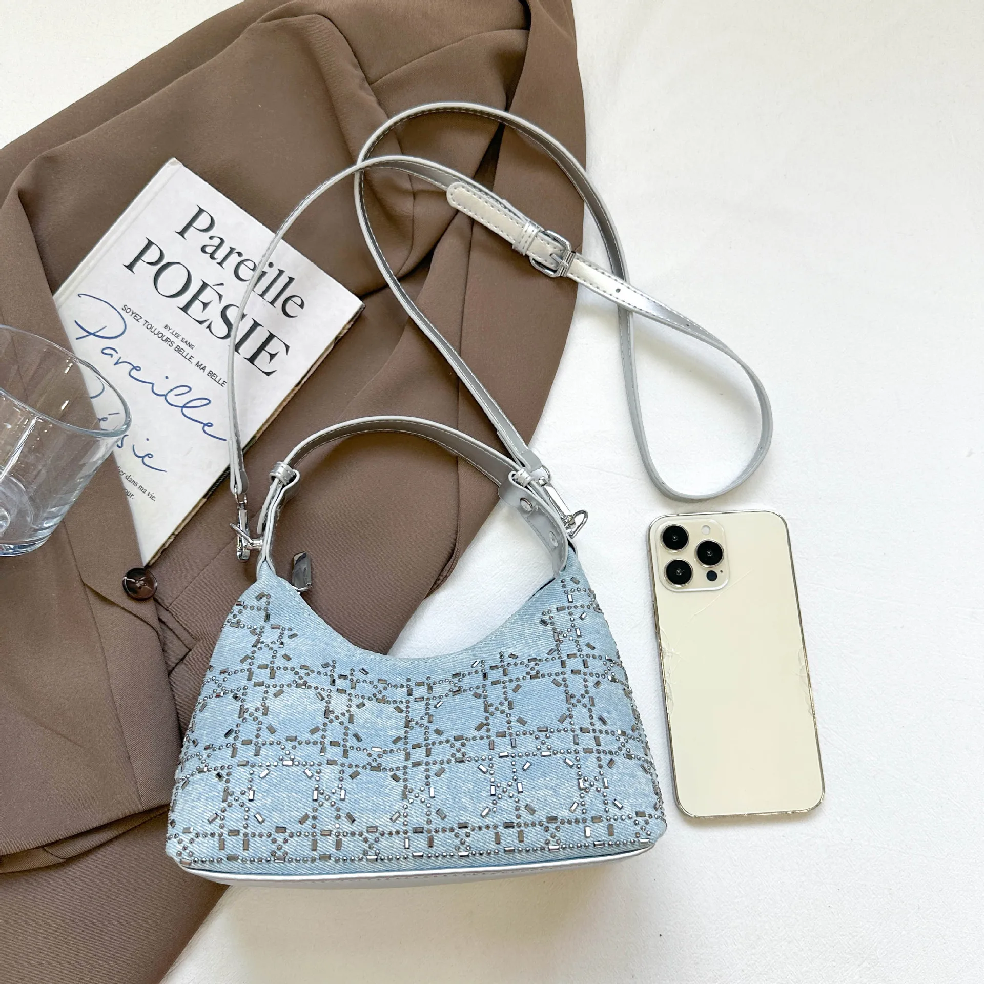 

2025 Denim Studded Crossbody Bag, Minimalist Shoulder Purse for Women, Niche Top Handle Tote, Versatile Day to Night Bag