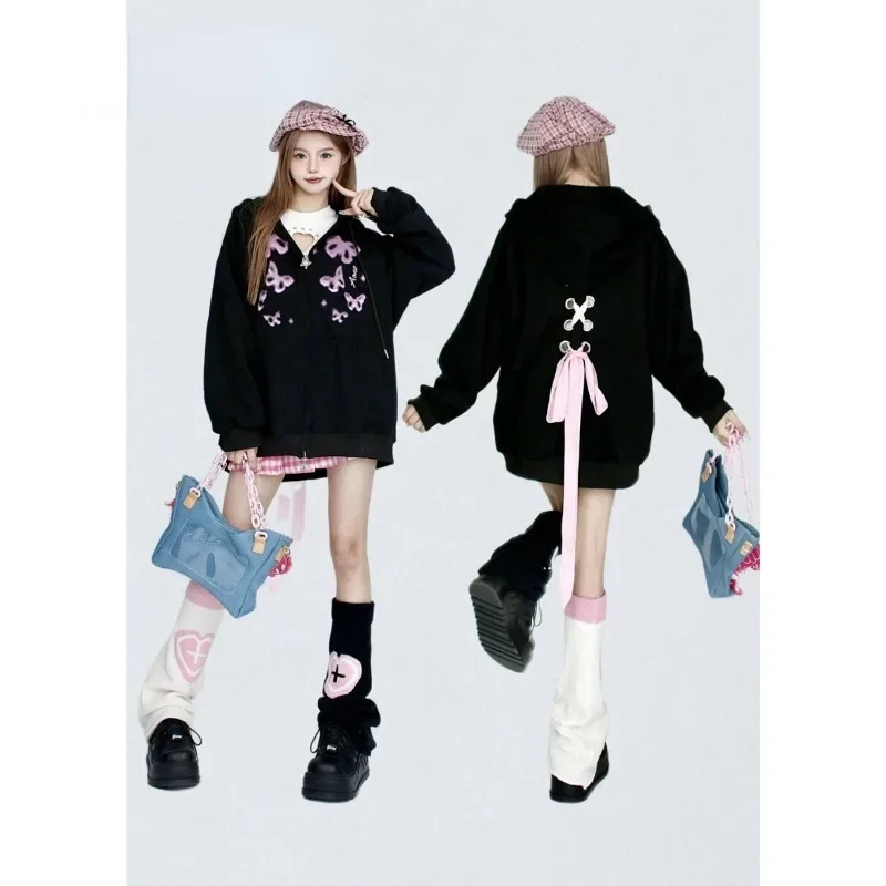 Black Gothic Chic Zipper Sweatwear Coat Women Clothing Hooded Top Lace-up Butterfly Print Sweet Y2k Hoodies Long Sleeve