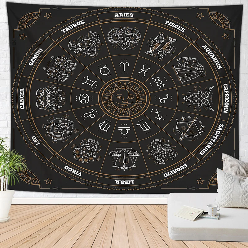 Green Tarot Ritual Divination Tapestry Occult Astrology Wall Hanging Wheel of The Zodiac Astrology Sun Moon Room Decor Art Cloth