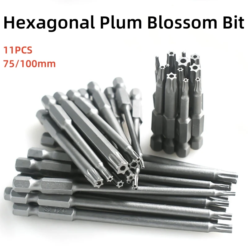 Hex Driver Tool Grupo Oco Plum Blossom Adaptador de Extensão Magnética Star Spline Torx Chave de Fenda 75 mm 100 mm Bits 11 Pcs