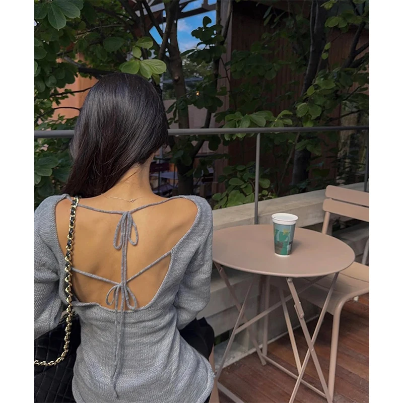 سترة نسائية مفرغة من MEXZT Y2K ملابس خروج مثيرة بدون ظهر وأربطة بلوفرات محبوكة Gyaru ملابس تريكو خريف الجرونج الكورية