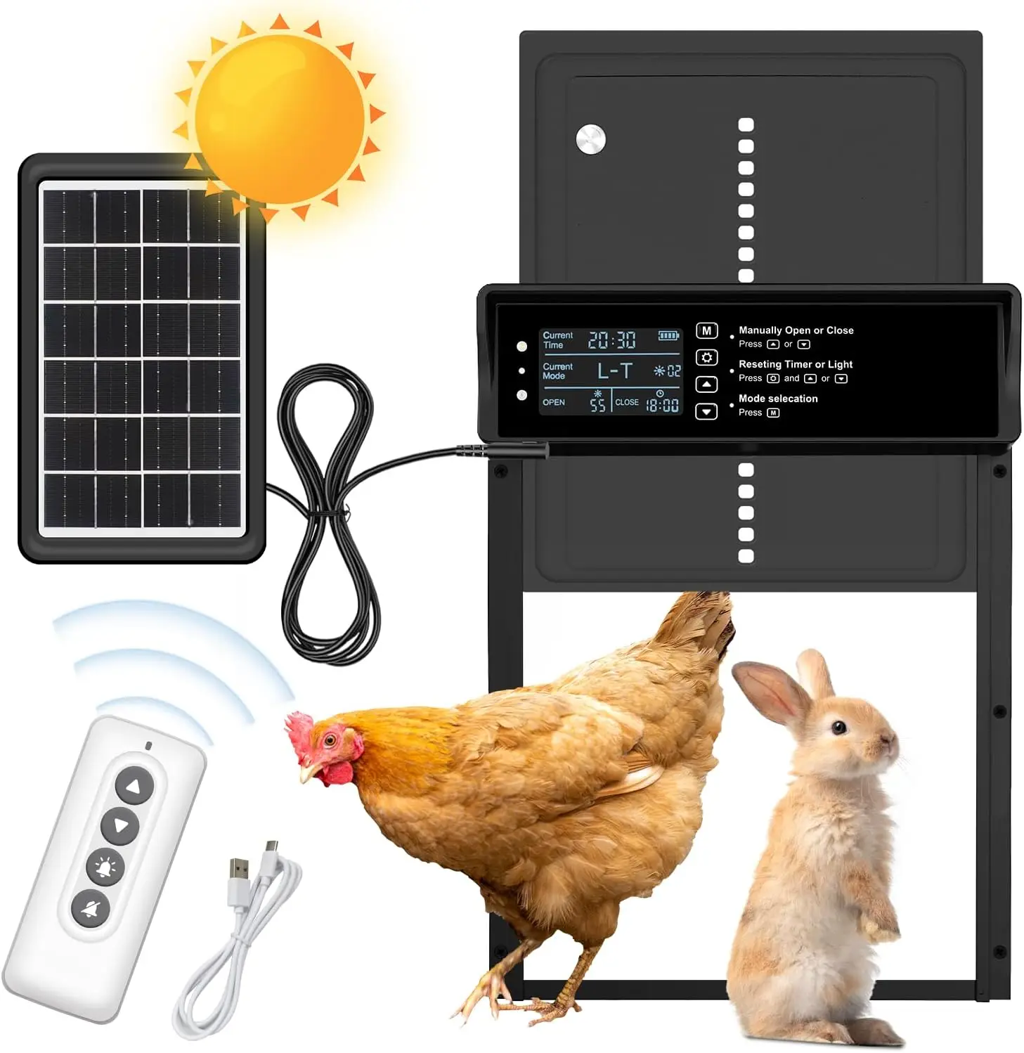 

Solar powered automatic chicken cage door, capable of solar or USB charging, with timer and light sensing function