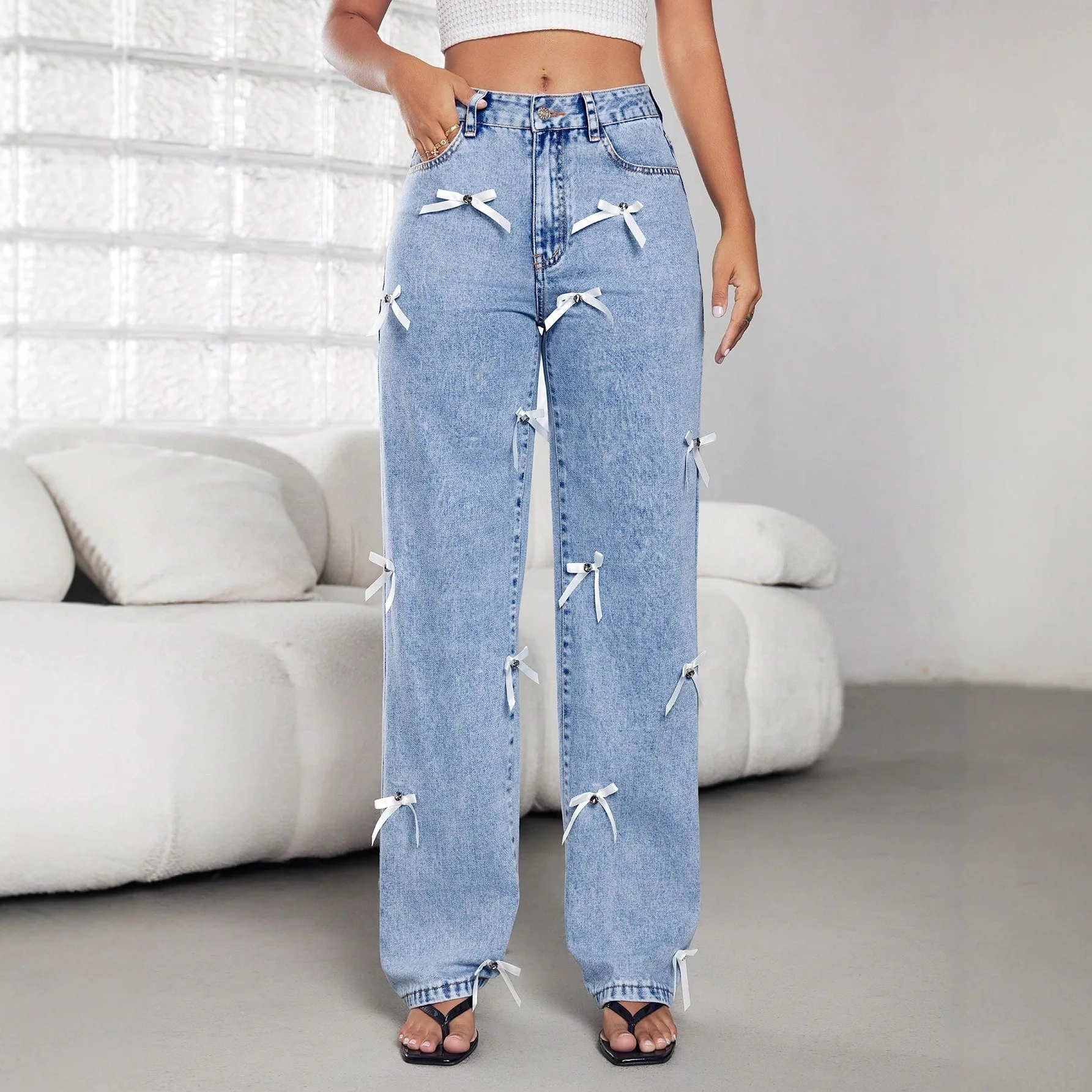 Denim Pants Women Bow Print Jeans High Waist Washed Distressed Straight Trousers Vintage Floor Length Streetwear Wide Leg Pants