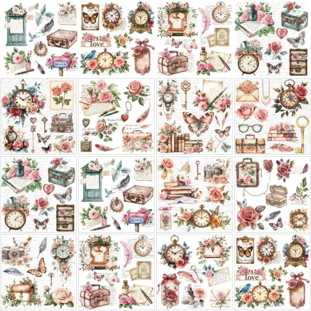 

12 Sheets Rose and Clock Rub on Transfer Stickers Vintage Rose Butterfly Rub on Transfers Musical Note Rub on Decals making kit
