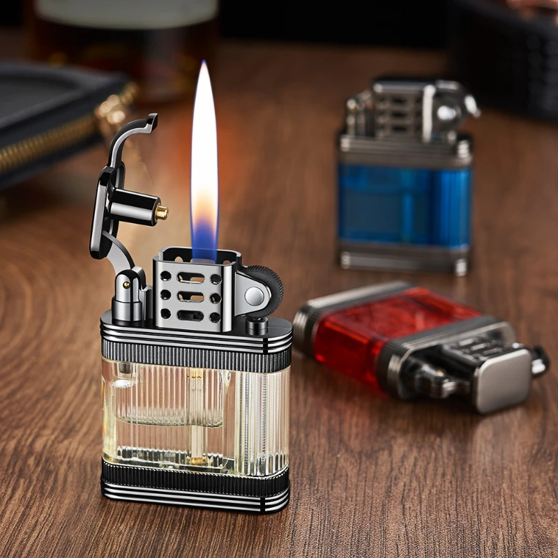 Retro Visual Window Inflatable Lighter Portable Metal Grinding Wheel Butane Gas Open Flame Smoking Accessories Men's Small Tool