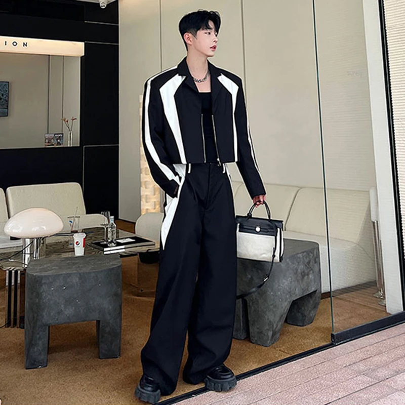 IEFB Korean Style Luxury Sets Niche Male Blazers Pu Leather Spliced Suit Coat Wide Leg Suit Pants Two Piece Tide Menwear 9C1614