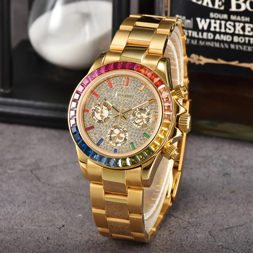 Часы VK63, красочные часы с бриллиантами и драгоценными камнями, серия OUMASHI, лучшие мужские часы с циферблатом панды, кварцевое сапфировое стекло, часы из нержавеющей стали 316,