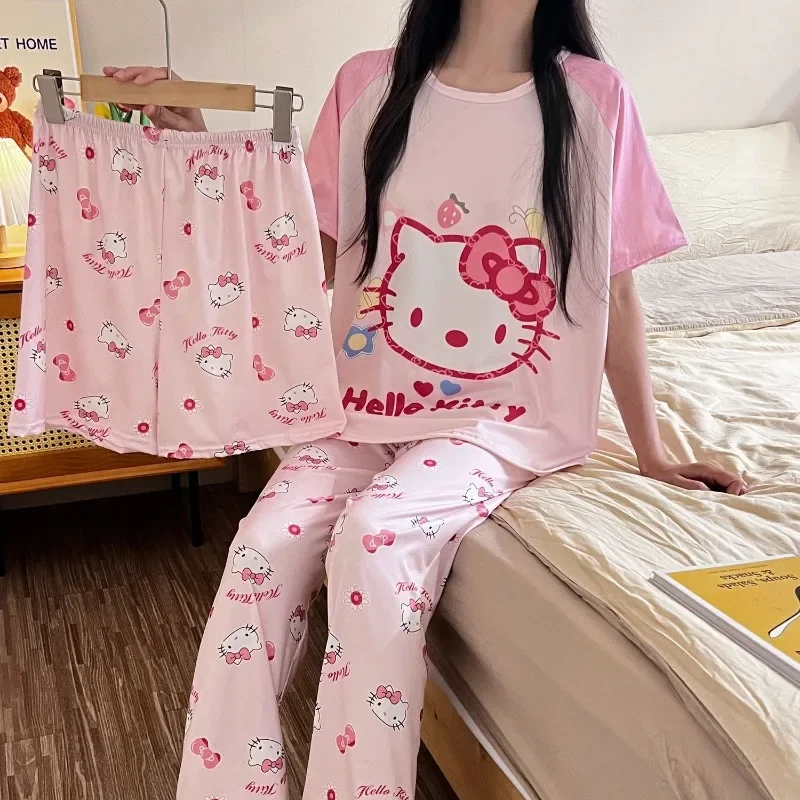 Conjunto de pijamas Kawaii HelloKitty para niñas, ropa de casa de manga corta, dibujos animados, Cinnamoroll Sanrio, se puede usar fuera, verano, tres piezas