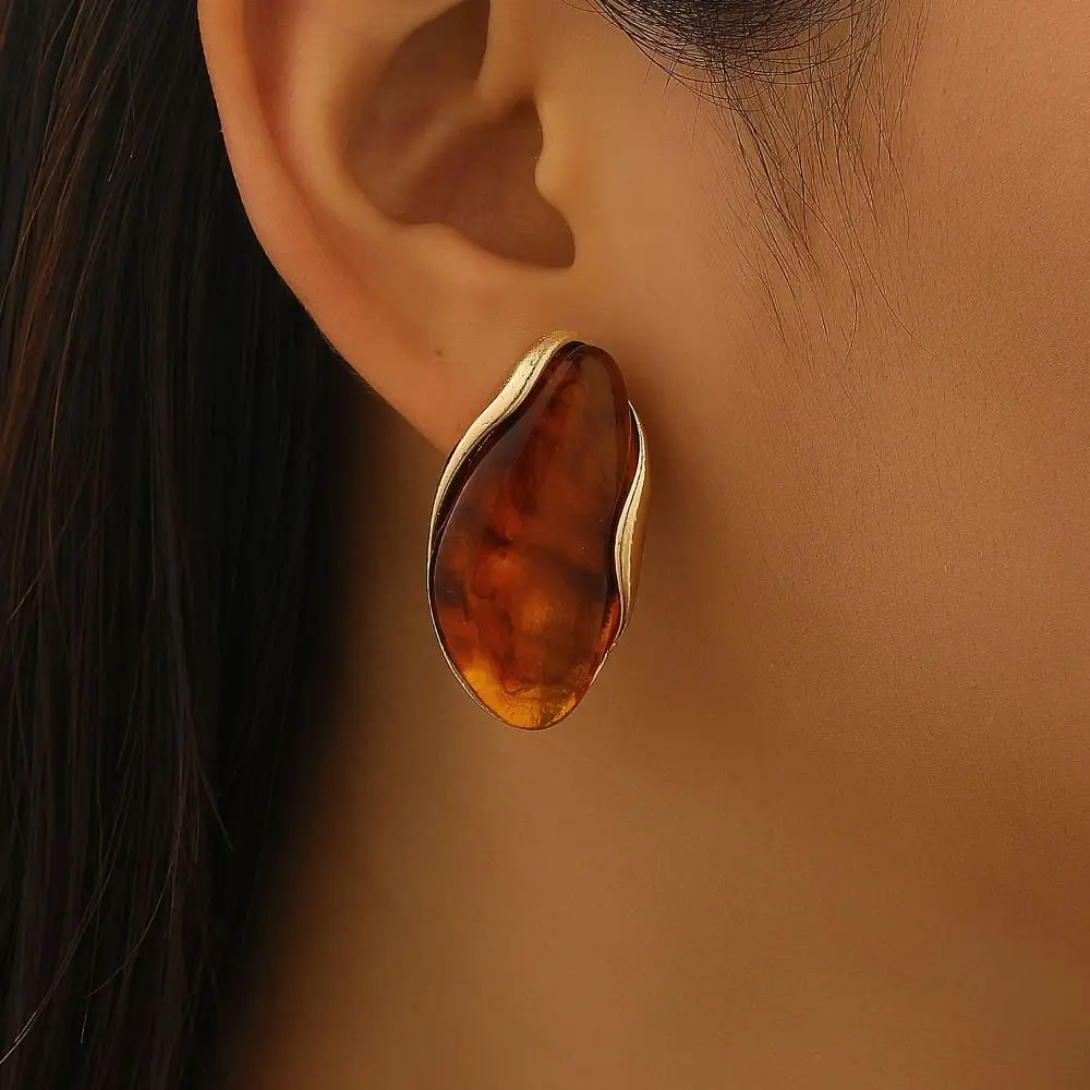 Stainless Steel Geometric Shape Rings Brown Green Beige Color Resin Women Earrings Retro Irregular Vintage Finger Rings