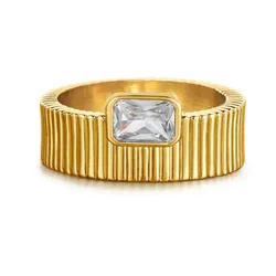 Fashion Geared Texture Stainless Steel Gold-Plated Ring with Square Cubic Zirconia for Women Engagement Wedding RIng