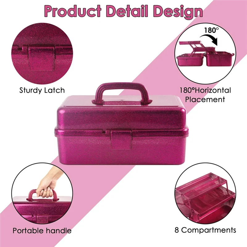 

【Must-Haves】Glitter Pink & Craft Tool Storage Box,3-Layer Stackable Carry Tackle Box Sewing Box Organizer For Art