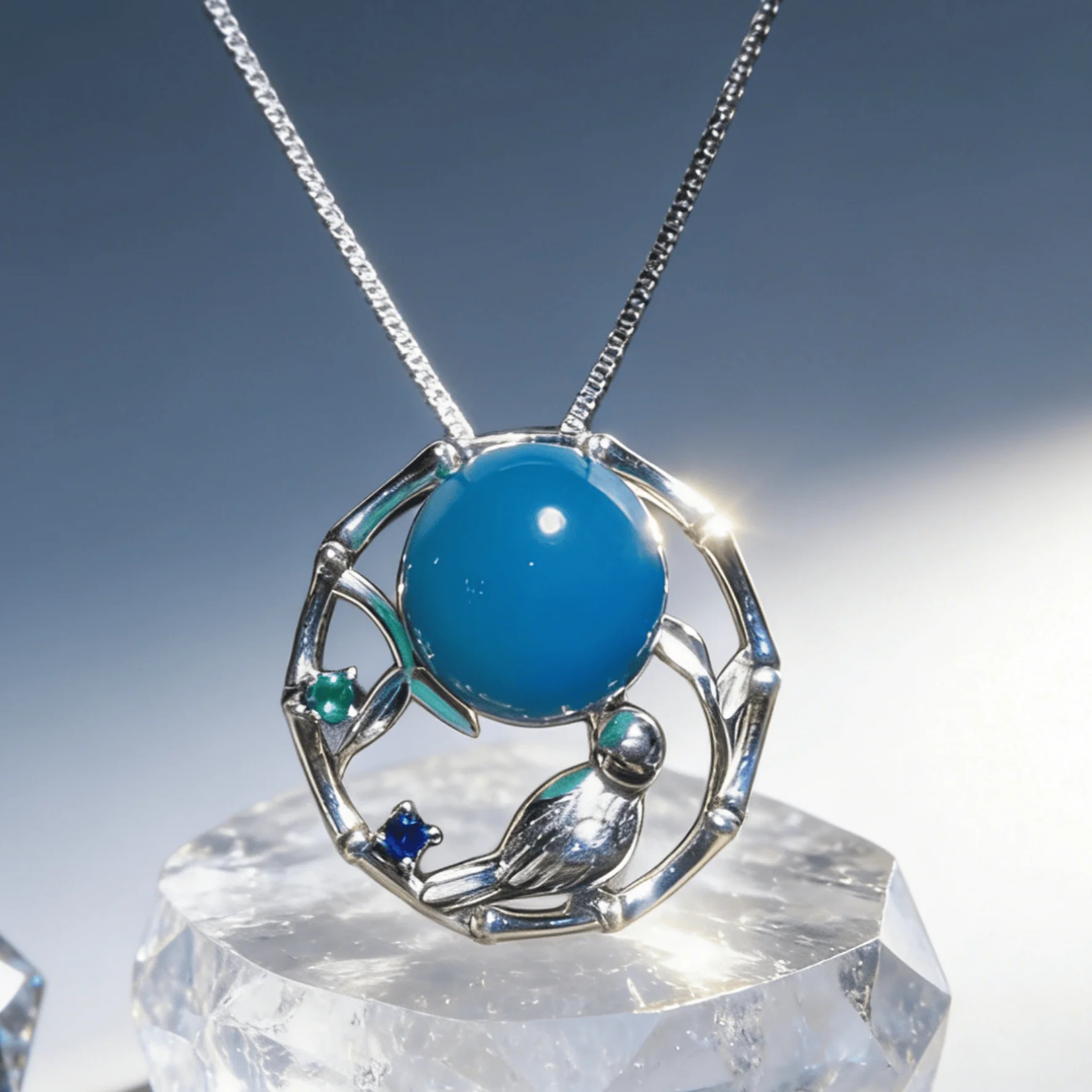 

Sterling Silver Natural Mexican Blue Amber 9mm Bird on Branch Pendant Poetic Eastern Aesthetics Tranquil Jewelry