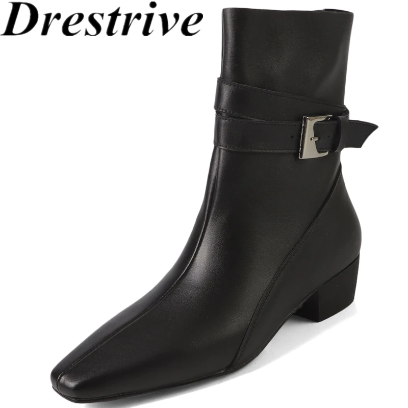 Drestrive 2025 Fashion Women's Ankle Boots Cow Leather Square Toe Buckle Thick Mid Heels Handmade Winter Shoes