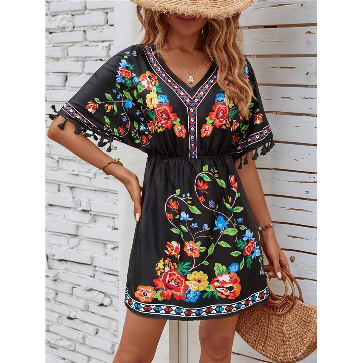 فستان مكسيكي مطرز من FZFZ Fiesta للنساء مقاس كبير فساتين بوهو صيفية بأكمام قصيرة مع جيب أسود XXL