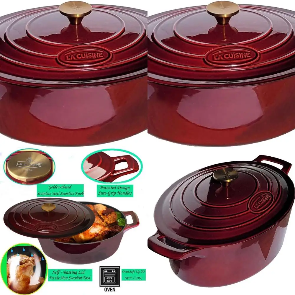 

Enameled Cast Iron Oval Dutch Oven, 5 QT, Matte Black Interior, Gold-Plated Lid Handle, Oven Safe