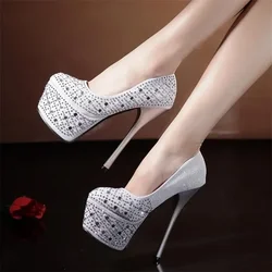 2024 autunno nuovo 16 cm super high-heeled nightclub sexy scarpe singole strass stiletto scarpe da donna semplici eleganti tacchi alti