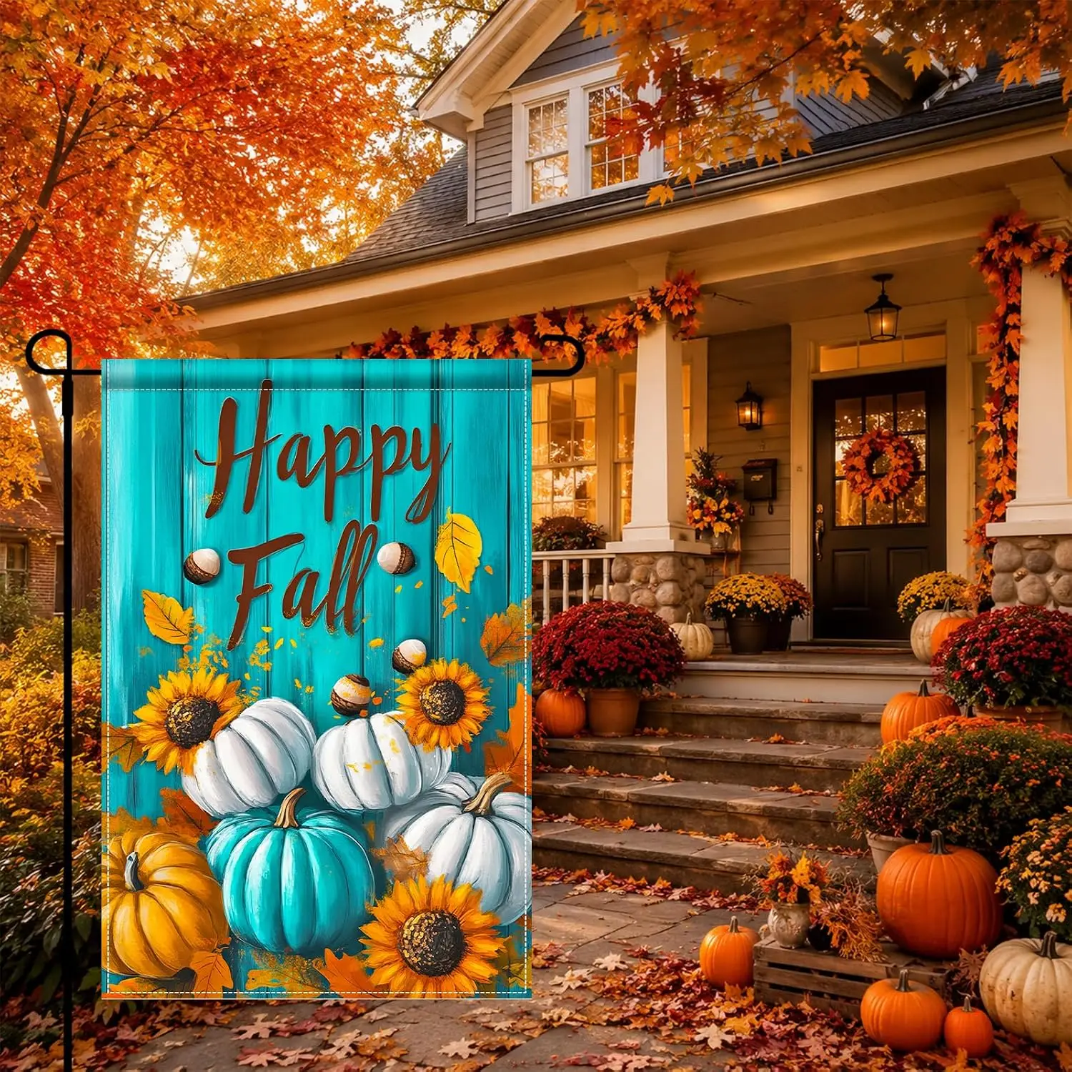 BlissYard Happy Fall Garden Flag Turquoise Pumpkin Thanksgiving 12x18 Inch | Double sided polyester, turquoise pumpkin artwo uui