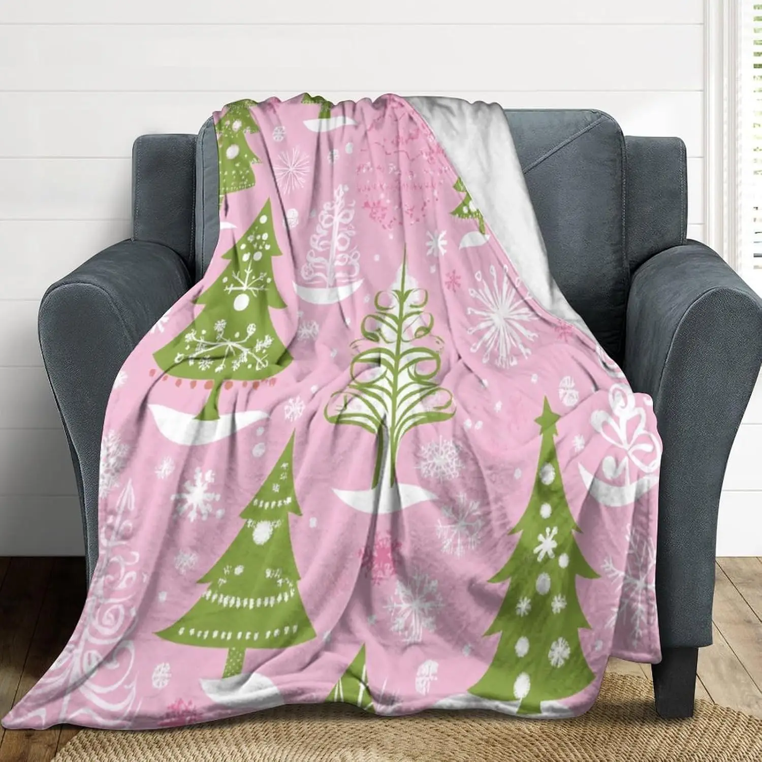 

Одеяло розового и зеленого цвета с рождественскими елками, одеяло для дивана, супермягкое фланелевое сохраняющее тепло, фланелевые плюшевые одеяла с рождественскими елками
