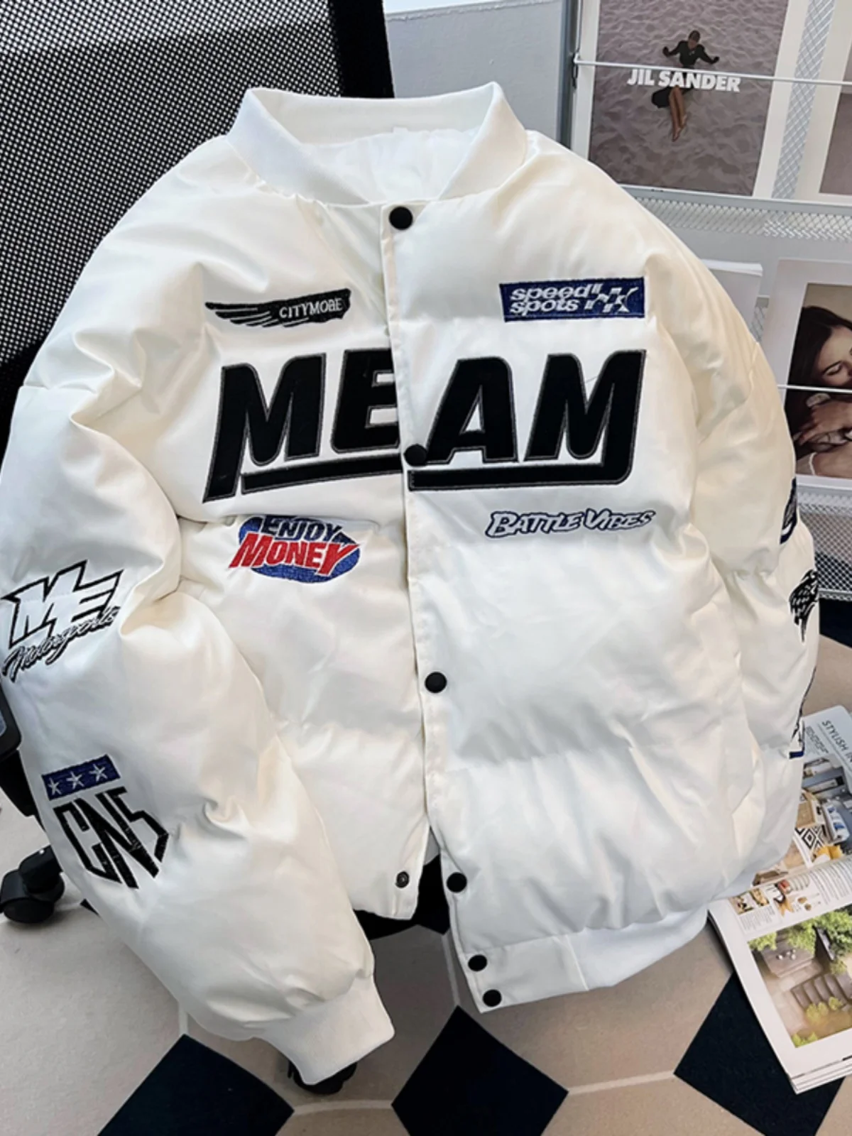 

Мужская утепленная зимняя куртка из хлопка и искусственной кожи в американском уличном стиле, свободного кроя, для гонщиков, с элементами джинсовой ткани