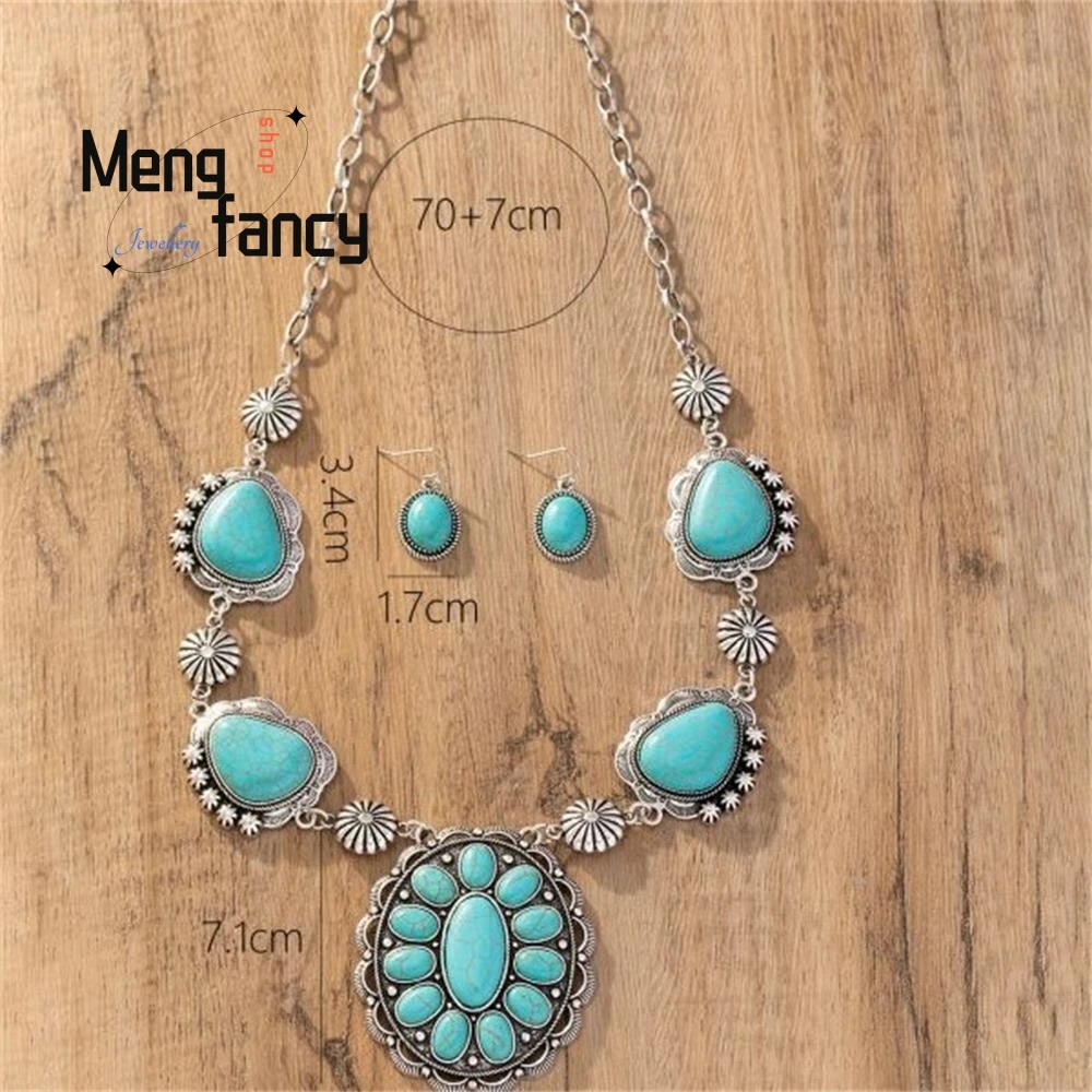 Natural Tibetan Silver Inlay Retro Turquoise Necklace Pendant Earrings Western Style Exaggerated High-grade Fashion Fine Jewelry