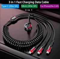 Super Fast Charging Cable, Retractable Multi 3 in 1 Type C/Micro USB 6A Charger Cord for iP Samsung Huawei