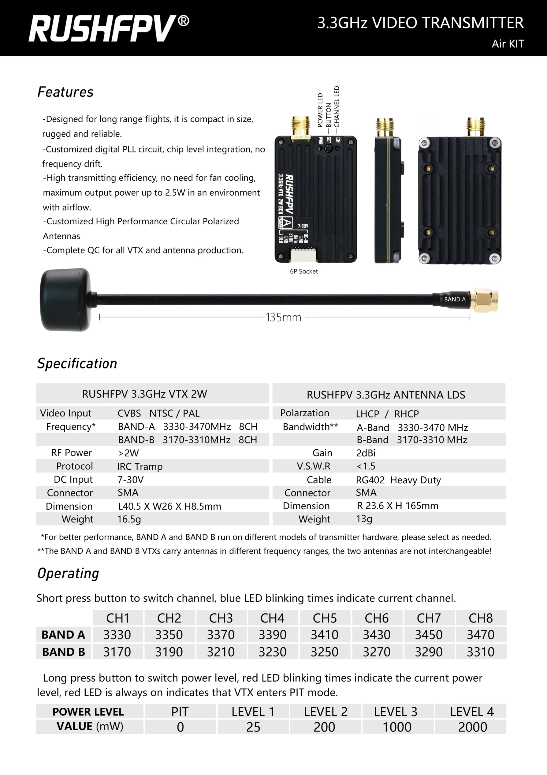 RushFPV 3.3G 2W VTX 8CH 2000MW Audio Video FPV Transmitter Receiver Module 7-30V for RC Remote Multi-Rotor DIY Parts
