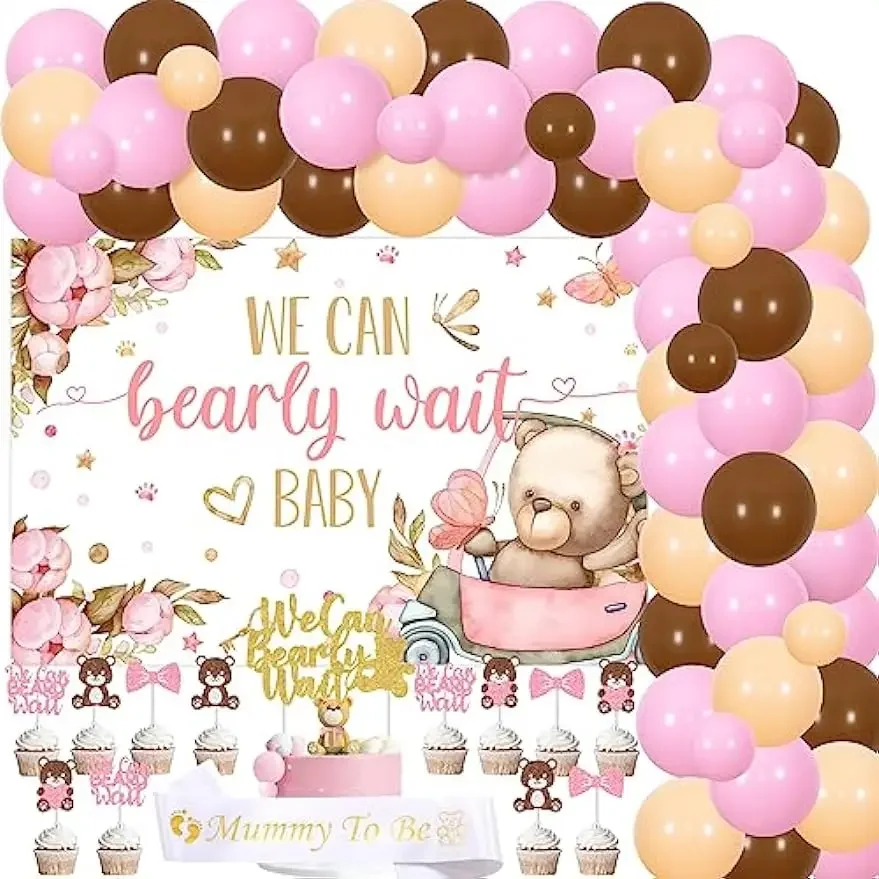 

We Can Bearly Wait Baby Shower Decorations for Girl Balloon Garland Arch Kit Backdrop Cake Topper Sash for Beary Party Supplies