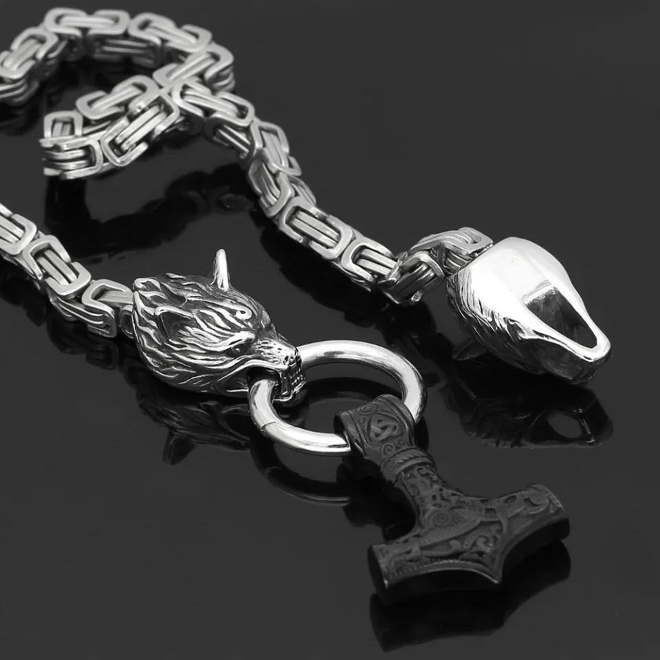 Viking Wolfskopf Thor Hammer Anhänger Halskette Edelstahl Vintage Viking Amulett Unisex Punk Biker Modeschmuck Geschenk – Detail 6
