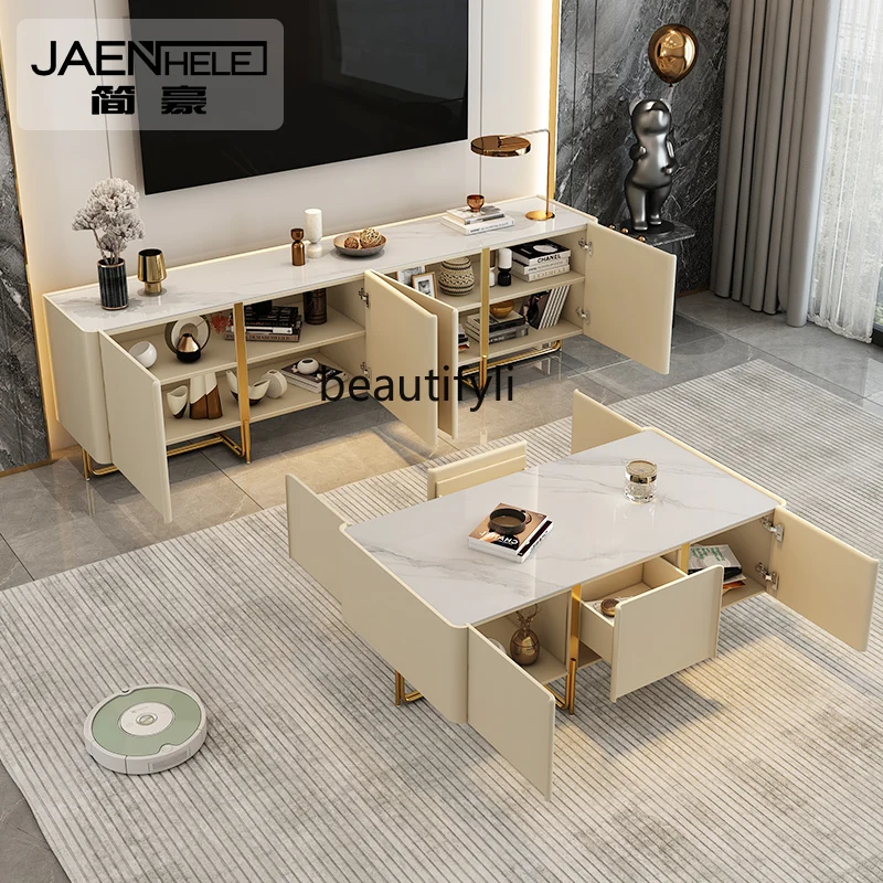 Simple TV Cabinet Coffee Table Combination Suit Living Room Floor Cabinet Bedroom Stone Plate TV Cabinet