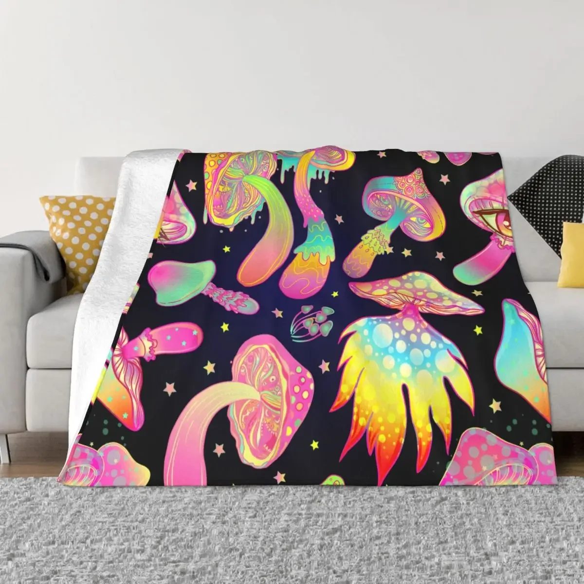 Magic Mushrooms Psychedelic Flannel Blanket Hippie Boho Novelty Throw Blanket for Home 125*100cm Bedspreads