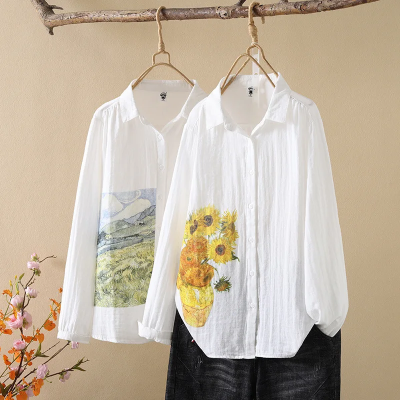 Elegant blouse autumn women's clothes 100% cotton yarn sunflower white shirts long sleeve blouses for women tops