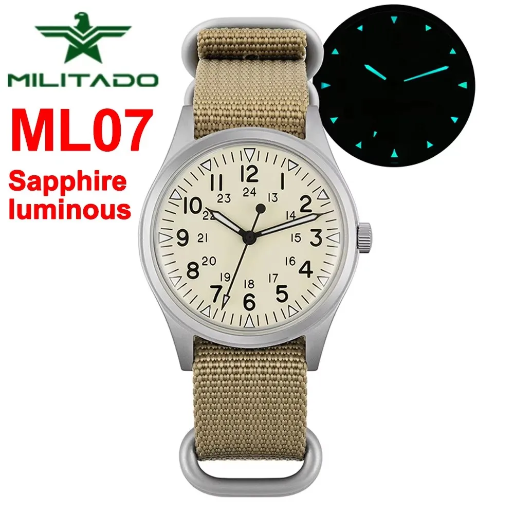 Militado ML07 Военные часы VH31 Кварцевый механизм Сапфировое стекло Светящееся AR-покрытие Винтажные часы 100 м Водонепроницаемые