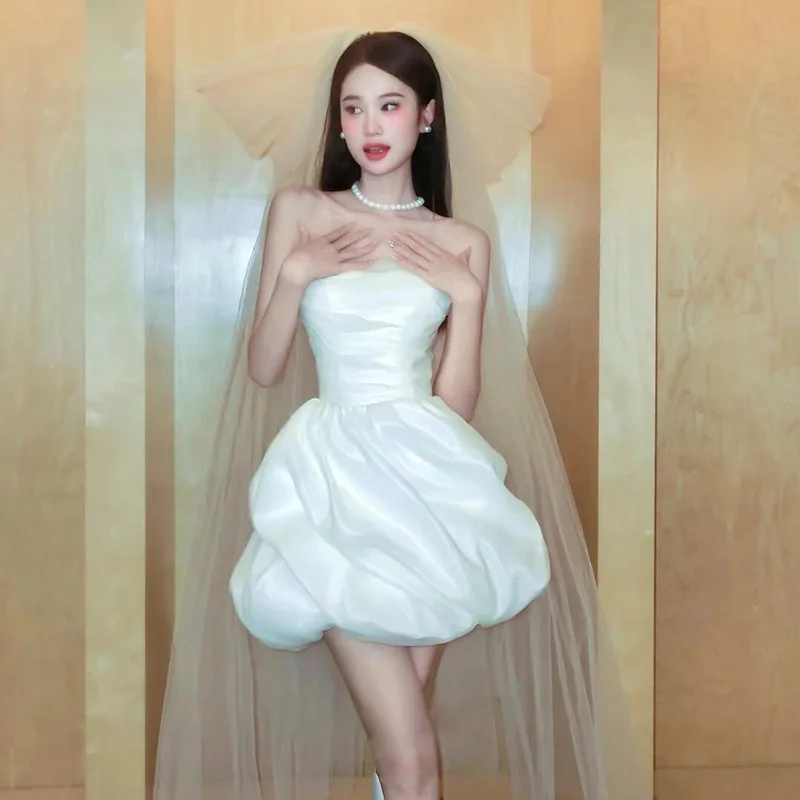 

French Style Strapless Light Wedding Dress for Petite Brides, Short Satin Puff Dress