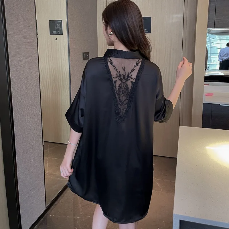 Sexy Lace Shirt Nightdress Hollow Back Women Sleepwear Loose Home Dress Silky Satin Nightshirt Turn Down Collar Loungewear