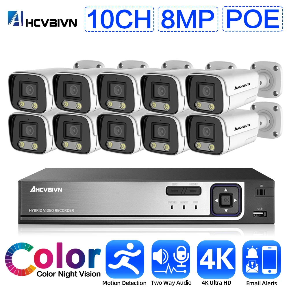 Комплект камер видеонаблюдения 4K POE 10CH NVR Kit наружная водонепроницаемая цветная цилиндрическая камера ночного видения CCTV комплект видеонаблюдения