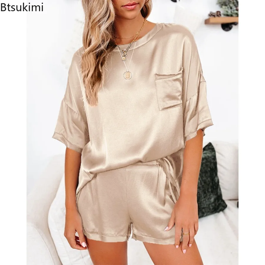 2PCS/Set 2025 Spring and Summer Women Pajamas O-neck Solid Soft Simulation Silk Homewear Short-Sleeved Casual Ladies Loungewear