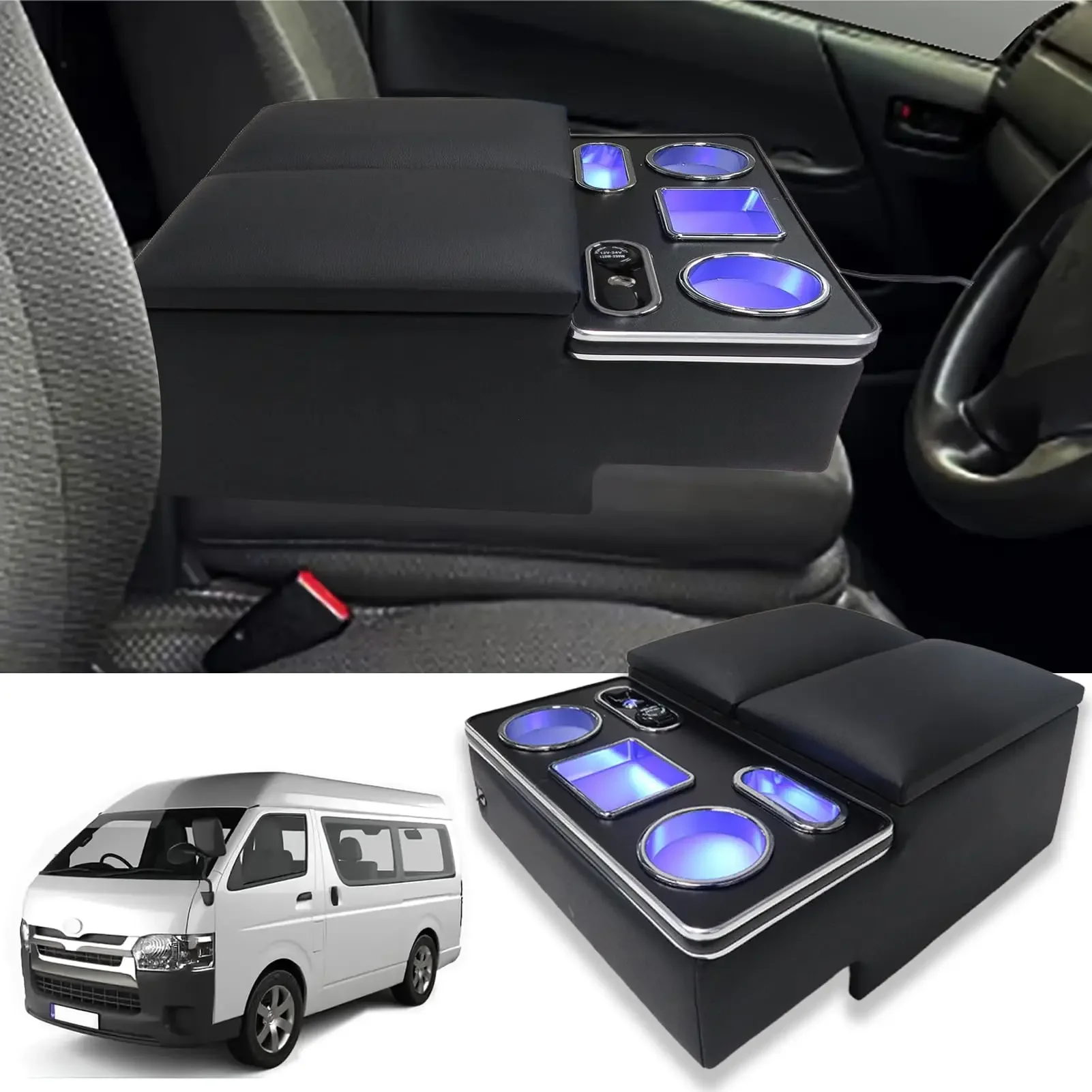 

Factory Hot Selling Hiace 200 Series DX Armrest Console Box Drink Holder With LED USB Port Small Items Elbow Rest Convenient Sto