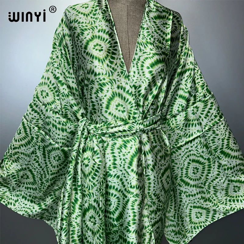 WINYI, trajes de playa tipo kimono con tinte anudado, traje de baño para mujer, cárdigan bohemio, punto, cinturón automático, abrigo estampado de manga larga para vacaciones