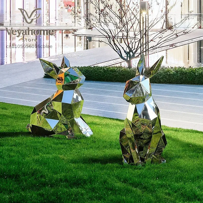 Stainless Steel Geometric Rabbit Sculpture, Park, Garden, Corridor, Outdoor Media Center, Mirror Ornaments