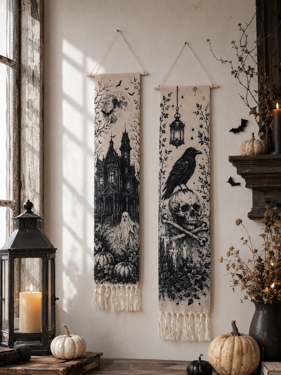 Halloween-Wandteppich mit Quasten, Gotische Hexe, Schwarze Katze, Krähe, Geisterhaus, Totenkopf-Druck, Vintage Grusel-Wandbehang Deko – Detail 7