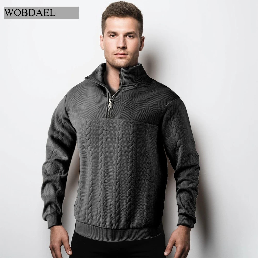 

WOBDAEL Mens Knitted Jacquard Sweatshirs Casual Stand-Up Collar Zipper Loose Long Sleeve Shirt Autumn Winter Tough Guy Clothing