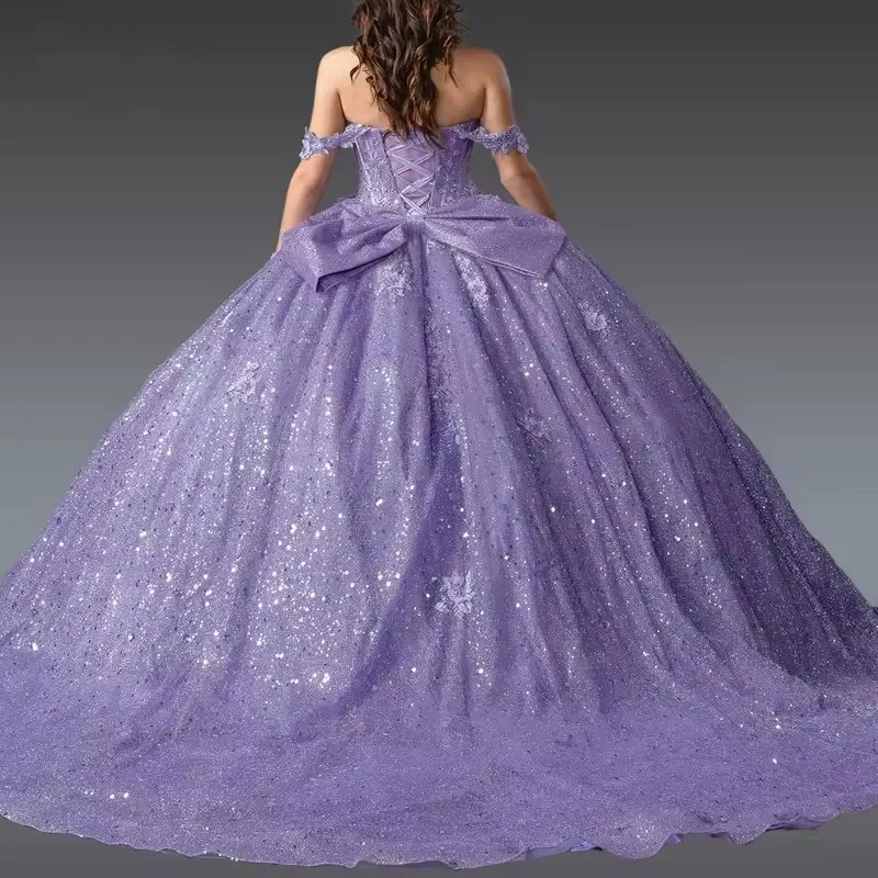 Personalizzato paillettes lucide viola scuro principessa abito stile quinceanera grande fiocco con spalle scoperte abiti da 15 anni 2025 abito da festa da donna