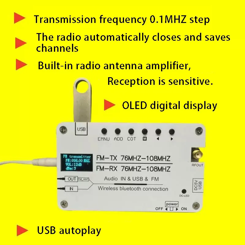 0.5W 스테레오 FM 송신기는 USB Bluetooth 리튬 배터리 구동 캠퍼스 FM 오디오 및 비디오 신호 송신기를 지원합니다.