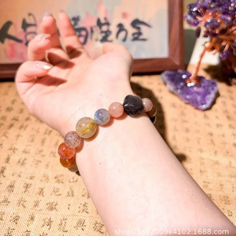 Natural Tiger Eye Stone Silver Obsidian Tea Golden Rutilated Quartz Seven Bracelet Moonstone Beaded Jewel